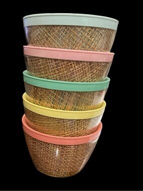 Melamine Raffiaware bowls by Mallory Randall, MCM, set of 5